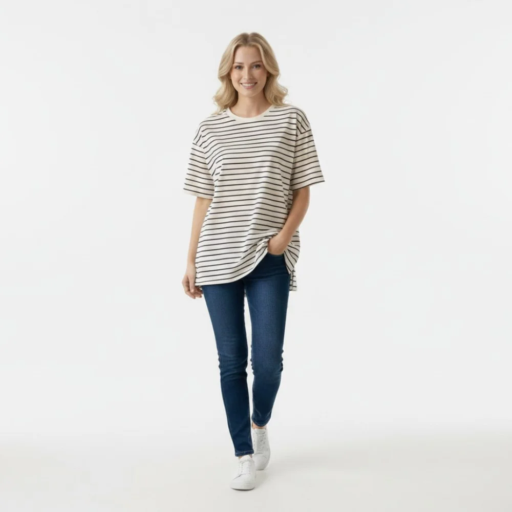 Oversize Çizgili Basic Tişört – Pamuk Penye, Beyaz Siyah, Kadın Günlük T-Shirt