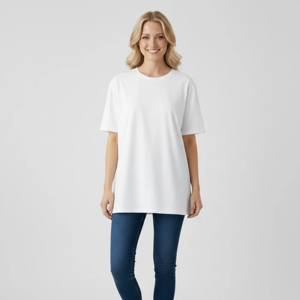 Oversize Düz Beyaz Basic Tişört – Pamuk Penye, Kadın Günlük T-Shirt