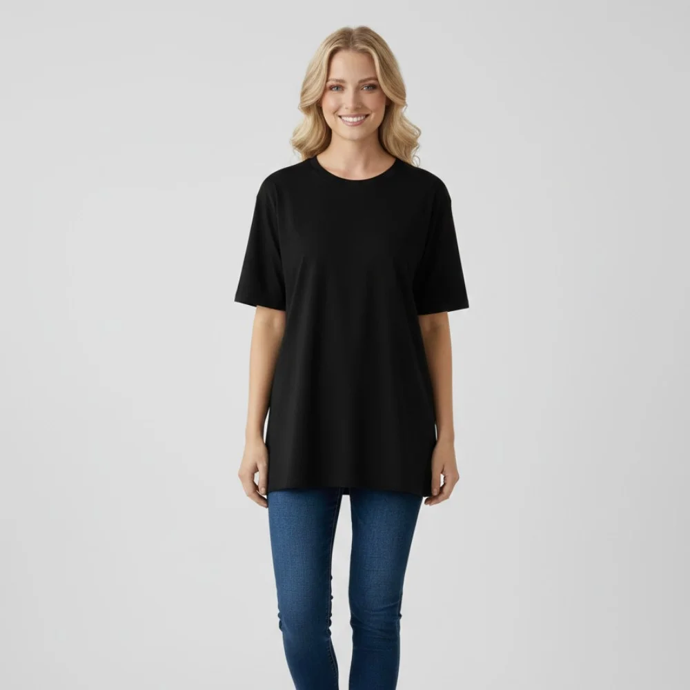 Oversize Düz Siyah Basic Tişört – Pamuk Penye, Kadın T-Shirt