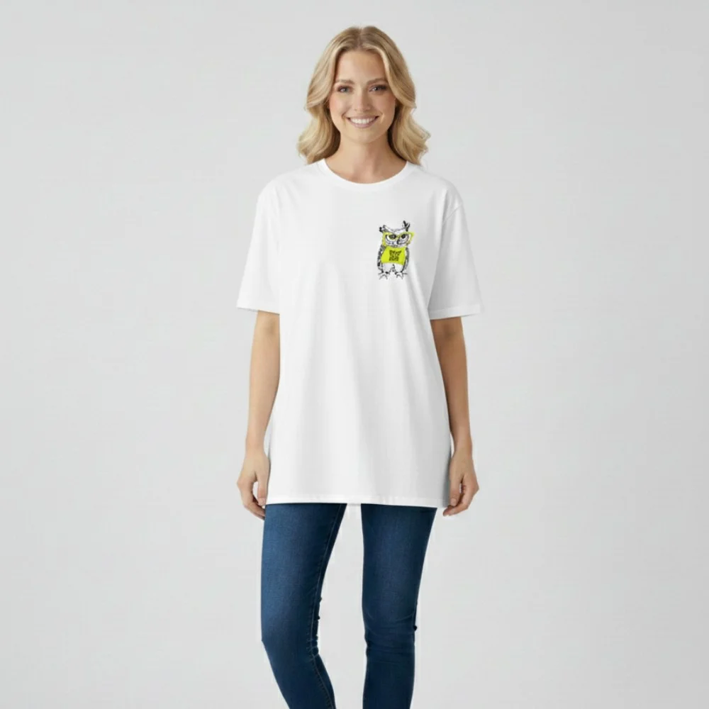 Oversize Baykuş Baskılı Düz Tişört – Pamuk Penye, Unisex Günlük T-Shirt