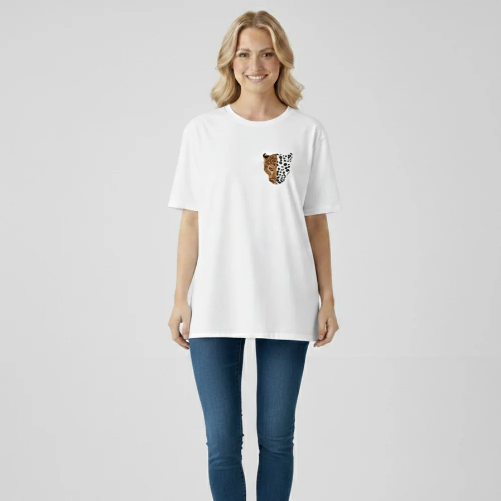 Oversize Leopar Baskılı Düz Tişört – Pamuk Penye, Kadın Günlük T-Shirt