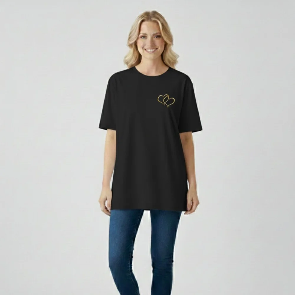 Oversize Çift Kalp Baskılı Tişört – Pamuk Penye, Kadın Günlük T-Shirt